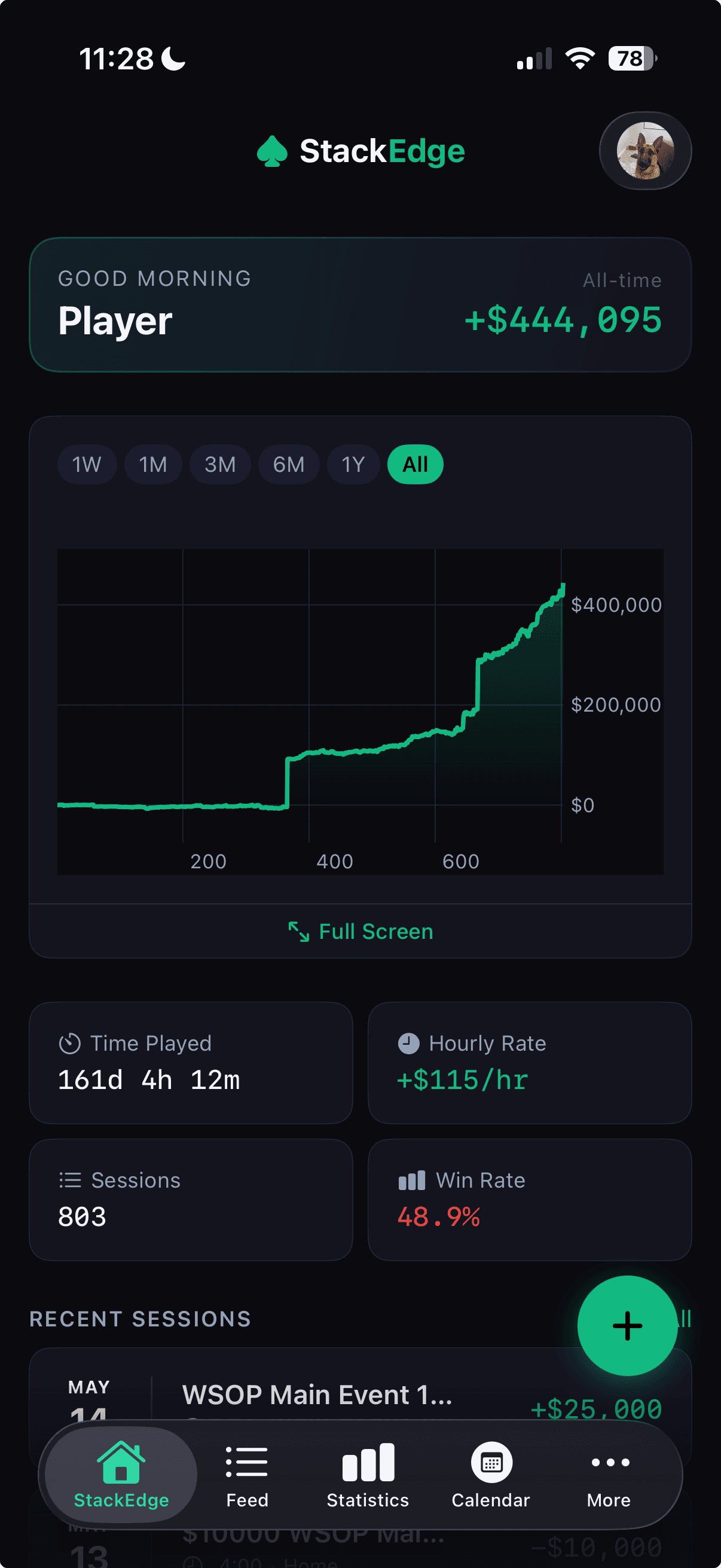 StackEdge clean home screen showing bankroll balance and recent sessions